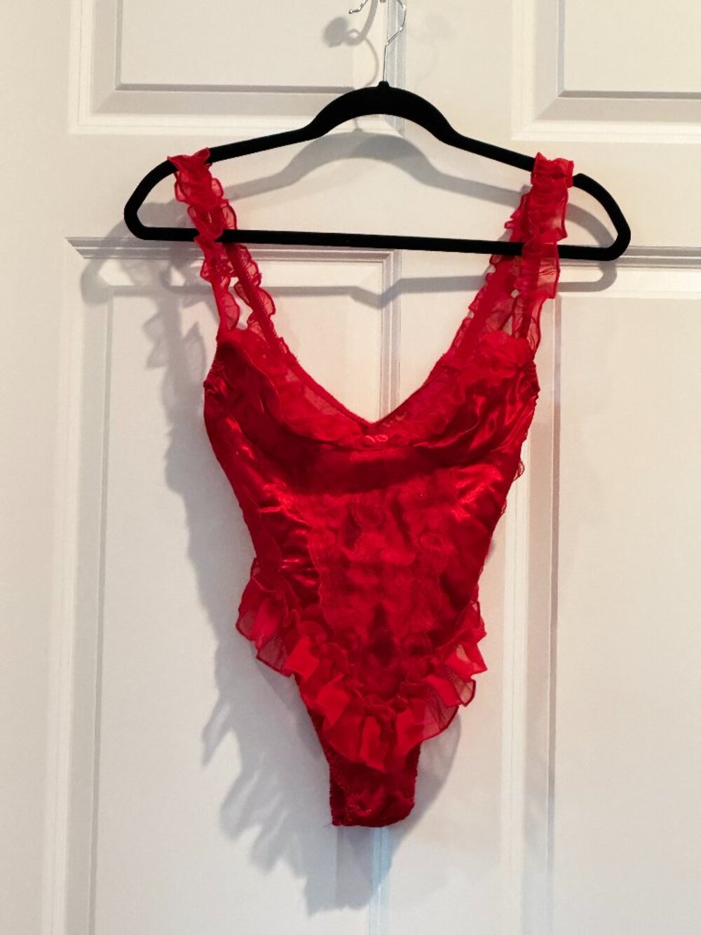 Vintage Frederick's of Hollywood Red Lace Ruffle Teddy Body Suit Small EUC